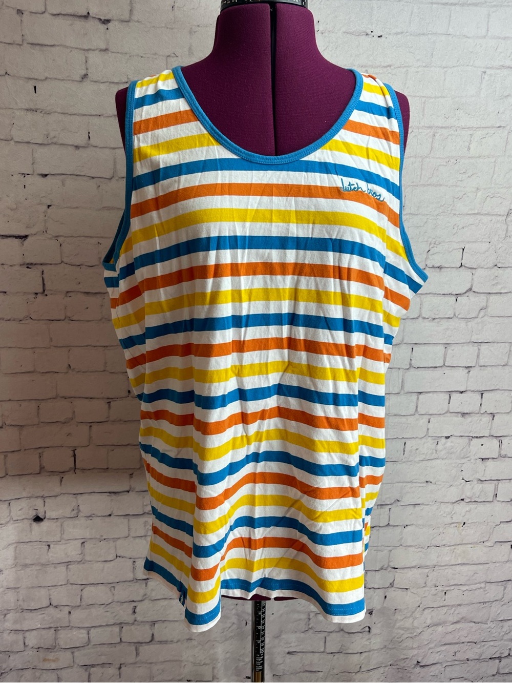 Dutch bros size XL striped tank top blue orange and yellow